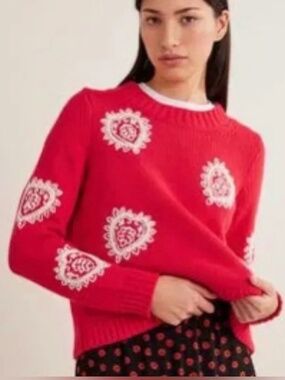 M | NWT Boden Chunky Embroidered Jumper Sweater Embroidered Heart Red-Pink